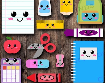 School Supplies PNG, Cute School Supplies SVG, Kawaii School Supplies, Teacher, Student, Back to School, Crayon, Pencil, Digital Download