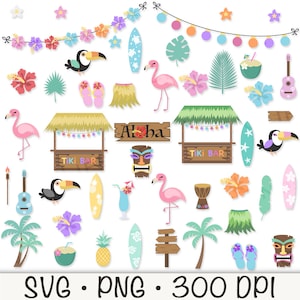 Paquete de imágenes prediseñadas hawaianas, SVG de fiesta luau, barra Tiki, tucán, flamenco, aloha, bebida de coco, tabla de surf, hibisco, plumeria, pastel, lindo