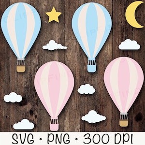 Mongolfiera SVG, Mongolfiera con pacchetto di nuvole, Nuvola SVG, Mongolfiera PNG, Stella in formato SVG, Luna in formato SVG, Download digitale istantaneo