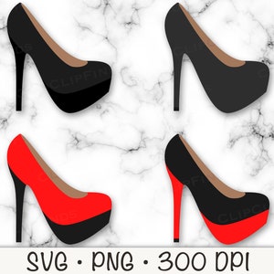 Sapatos de salto alto SVG, bombas de plataforma de salto alto PNG, clipart de sapatos, sapatos pretos e vermelhos, download digital instantâneo