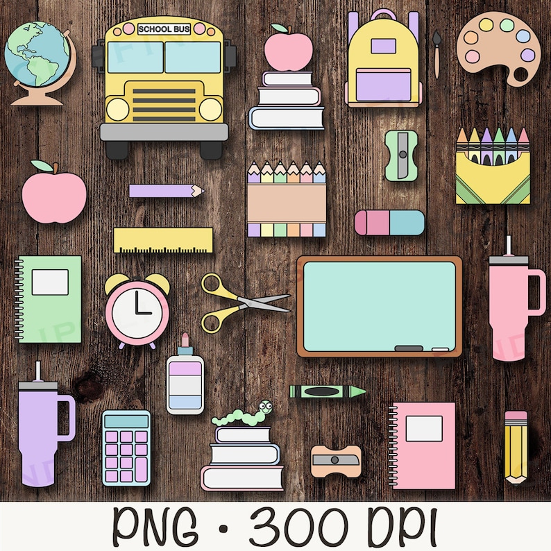 Puede incluir: Una colecci&oacute;n de &uacute;tiles escolares coloridos, que incluyen un autob&uacute;s escolar amarillo, una mochila, un globo terr&aacute;queo, una regla, un l&aacute;piz, un par de tijeras, un reloj, una pila de libros, una paleta de pintura, crayones, una botella de agua, una calculadora, un sacapuntas, una pizarra y un cuaderno.