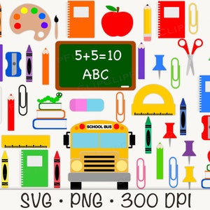 Paquete SVG de escuela, imágenes prediseñadas de regreso a la escuela, maestro, estudiante, útiles escolares, autobús escolar, SVG, PNG, imágenes prediseñadas, descarga digital instantánea