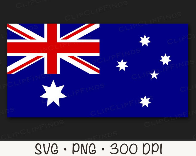 May include: The Australian flag, featuring a blue background with the Union Jack in the upper hoist quarter, a large white seven-pointed star, and five white stars representing the Southern Cross constellation. The image also includes the text "SVG &bull; PNG &bull; 300 DPI".