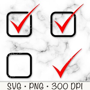May include: Three black check boxes with red check marks. The check marks are in different positions within the boxes. The boxes are on a white marble background.
