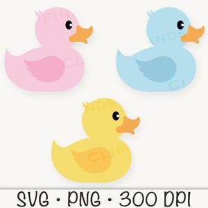 May include: Three rubber duck bath toys in pink, blue and yellow. The ducks are cartoon-style with simple features and a wing on each side.