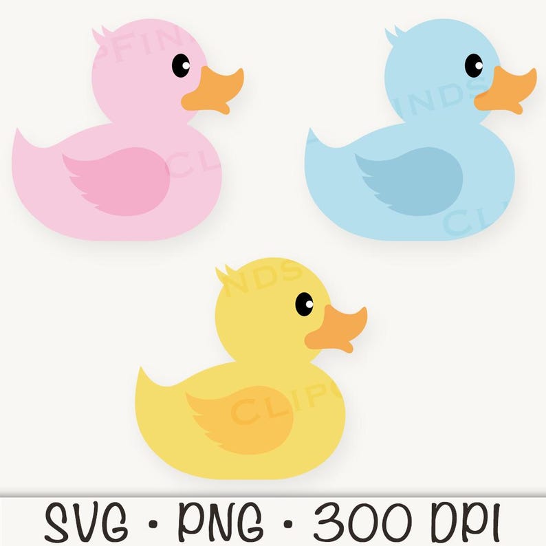 May include: Three rubber duck bath toys in pink, blue and yellow. The ducks are cartoon-style with simple features and a wing on each side.