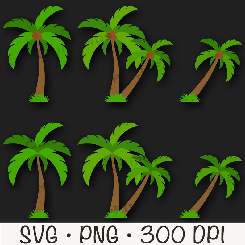 May include: Six cartoon palm trees with green leaves and brown trunks on a black background. The trees are in different positions, some are upright and some are leaning.