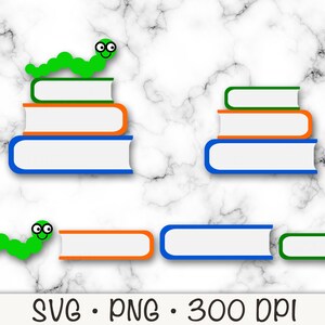 May include: A green worm with googly eyes sits on top of a stack of three books. The books are orange, blue, and green. The books are stacked on a white marble background.