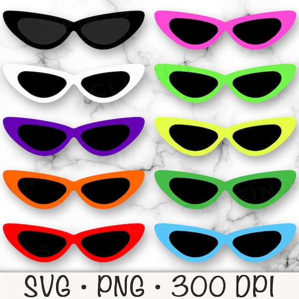 Vintage Sunglasses Clip Art, Cat Eye Retro Woman's Sunglasses, 60's, SVG, PNG, Cute Bright Colorful Summer Sunglasses, Digital Download