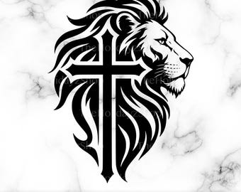 Leone SVG, Testa di leone di profilo laterale PNG, Leone con croce, Religioso, Simbolo di fede, Uomo di Dio, Sublimazione, Design regalo, File digitale scaricabile
