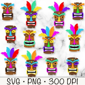 Máscara de Dios Tiki SVG, Clipart de Máscara Tiki, Estatua Tiki, Hawái, Luau, Máscara Tribal, Plumas de Colores, Descarga Digital