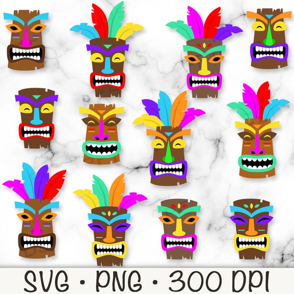 Tiki God Mask SVG, Tiki Mask Clipart, Tiki Statue, Hawaii, Luau, Tribal Mask, Colorful Feathers, Digital Download