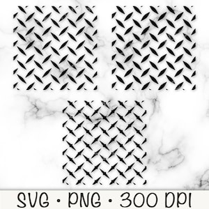 May include: Three black and white diamond plate patterns on a white marble background. The patterns are in a repeating design. The bottom of the image has the text "SVG • PNG • 300 DPI".