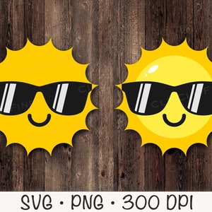 Cute Kid&#39;s Sun with Sunglasses SVG, Sun with Face PNG, Sun Clipart, Sublimation, Instant Digital Download