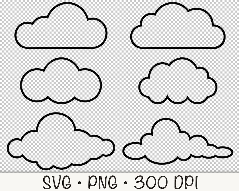 Buy Cloud Outline SVG: Fluffy Clouds Clipart Set (digital Download ...