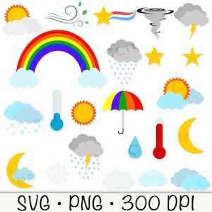 Imágenes prediseñadas del tiempo, Tiempo PNG, Tiempo SVG, Pronóstico, Lluvia, Viento, Trueno, Sol, Luna, Paraguas, Temperatura, Naturaleza, Descarga digital