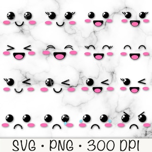 Puede incluir: Conjunto de 12 caras de dibujos animados kawaii con diferentes expresiones. Las caras son negras y blancas con mejillas rosadas y l&aacute;grimas azules. Las caras est&aacute;n sobre un fondo de m&aacute;rmol blanco.