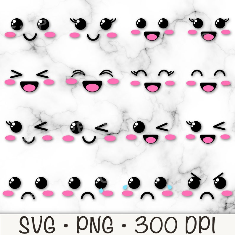 Puede incluir: Conjunto de 12 caras de dibujos animados kawaii con diferentes expresiones. Las caras son negras y blancas con mejillas rosadas y l&aacute;grimas azules. Las caras est&aacute;n sobre un fondo de m&aacute;rmol blanco.