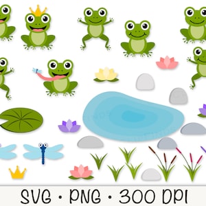 Frosch SVG, Frösche Clipart, süße Frösche, Frösche PNG, süßes Frosch-Bundle, Teich, Lotus, Seerosenblatt, springende Frösche, sofortige digitale Download-Grafik
