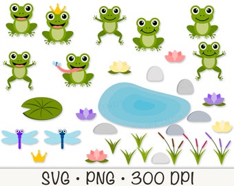 Frog SVG, Frogs Clipart, Cute Frogs, Frogs PNG, Cute Frog Bundle, Pond, Lotus, Lily Pad, Jumping Frogs, Instant Digital Download Graphics