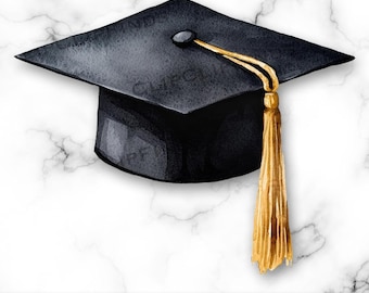 Watercolor Graduation Cap PNG, Graduation Cap Clipart, Class of 2026, Watercolor Graduation Hat, Black Graduation Cap, Digital Download File
