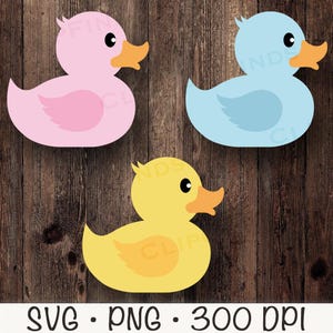 May include: Three rubber duck toys, one pink, one blue, and one yellow. The ducks are all facing the right side of the image.