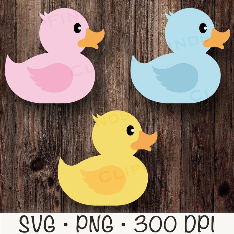 May include: Three rubber duck toys, one pink, one blue, and one yellow. The ducks are all facing the right side of the image.