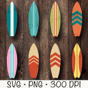May include: Set of eight colorful surfboard designs with various patterns, including stripes, chevron, and geometric shapes. The surfboards are all the same size and shape, and they are arranged in a row against a wooden background.