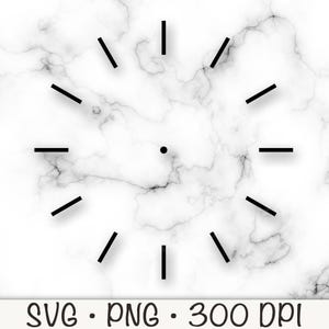 May include: A simple clock face with black hour markers on a white marble background.