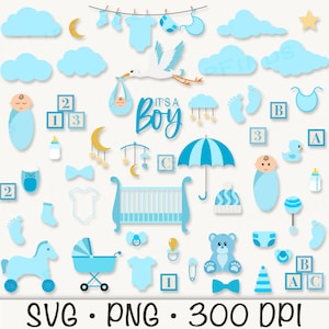Baby Boy Clipart, Baby-Dusche SVG, Baby-Spielzeug, Es ist ein Junge, Kinderwagen, Krippe, hängende Babykleidung, Wolken, Stern, Mond, Storch, digitaler Download