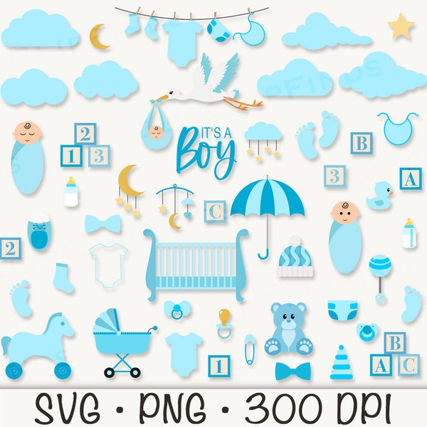 Baby Boy Clipart, Baby Shower SVG, Baby Toys, It's a Boy, Stroller, Crib, Hanging Baby Clothes, Clouds, Star, Moon, Stork, Digital Download