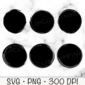 May include: Six black circles with a rough, brushstroke-like edge. The circles are arranged in two rows of three.