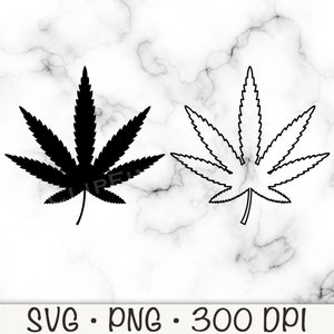 May include: Two black and white cannabis leaf illustrations. One leaf is filled in black, the other is an outline.