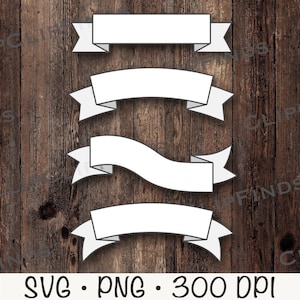 May include: Four white banner designs with grey outlines are shown against a dark wood grain background. The banners vary in shape, with straight and curved edges. The bottom of the image includes the text "SVG • PNG • 300 DPI".