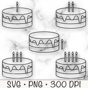 May include: Black and white line art of five cakes with dripping frosting and lit candles. The cakes vary in the number of candles, from one to five. The text "SVG • PNG • 300 DPI" is at the bottom.