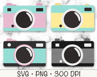 Klipart z pastelowym aparatem: Różowy i limonkowo-zielony aparat fotograficzny w formacie SVG (do pobrania w wersji cyfrowej)