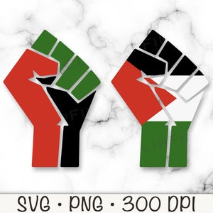 May include: Two raised fists, one with red, black, and green colors and the other with red, white, and green colors.