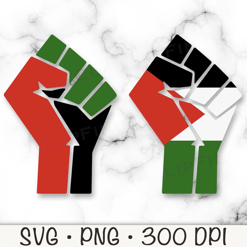 May include: Two raised fists, one with red, black, and green colors and the other with red, white, and green colors.