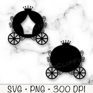 May include: Black silhouette of a fairytale carriage with a crown on top. The carriage has spoked wheels and decorative scrollwork. The image includes the text "SVG • PNG • 300 DPI".
