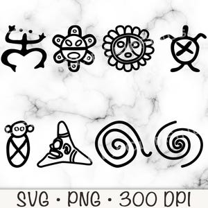 Puede incluir: Ilustraciones en blanco y negro de varios símbolos. Los símbolos incluyen una rana estilizada, un sol con cara, una espiral, una tortuga y un pájaro estilizado.