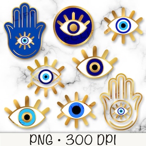 邪眼のクリップアート、邪眼のバンドル PNG、邪眼のクリップアート、フムサの手、金と青の邪眼、トルコの邪眼、デジタルダウンロードファイル