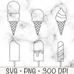 Eis Doodle Outline Bundle, Doppelkugel, Eis am Stiel, SVG-Schnitt-Datei und transparenter PNG-Hintergrund, sofortiger digitaler Download