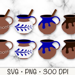 Taza de Barro, Jarritos mexicains avec et sans bâtons de cannelle, Atole, Champurrado, Cafecito, SVG, PNG, Clipart, téléchargement immédiat
