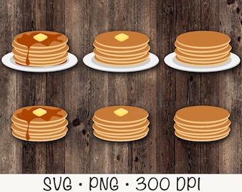 Peut inclure: Six piles de crêpes avec un morceau de beurre sur le dessus, chaque pile est sur une assiette blanche. Les assiettes sont sur un fond en bois brun.