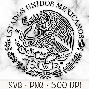 May include: Black and white illustration of the Coat of Arms of Mexico, featuring an eagle perched on a cactus with a snake in its beak. The text "ESTADOS UNIDOS MEXICANOS" surrounds the image.