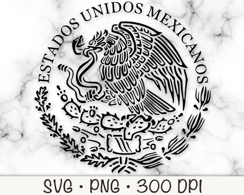 May include: Black and white illustration of the Coat of Arms of Mexico, featuring an eagle perched on a cactus with a snake in its beak. The text "ESTADOS UNIDOS MEXICANOS" surrounds the image.