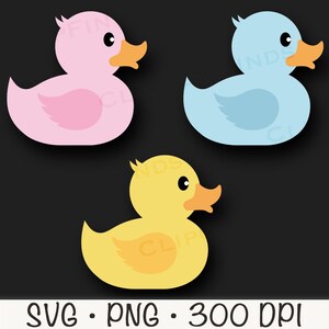 May include: Three rubber duck toys, one pink, one blue, and one yellow. The ducks are all facing the right side of the image.
