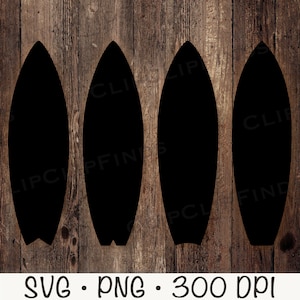 May include: Four black surfboard silhouettes on a woodgrain background.