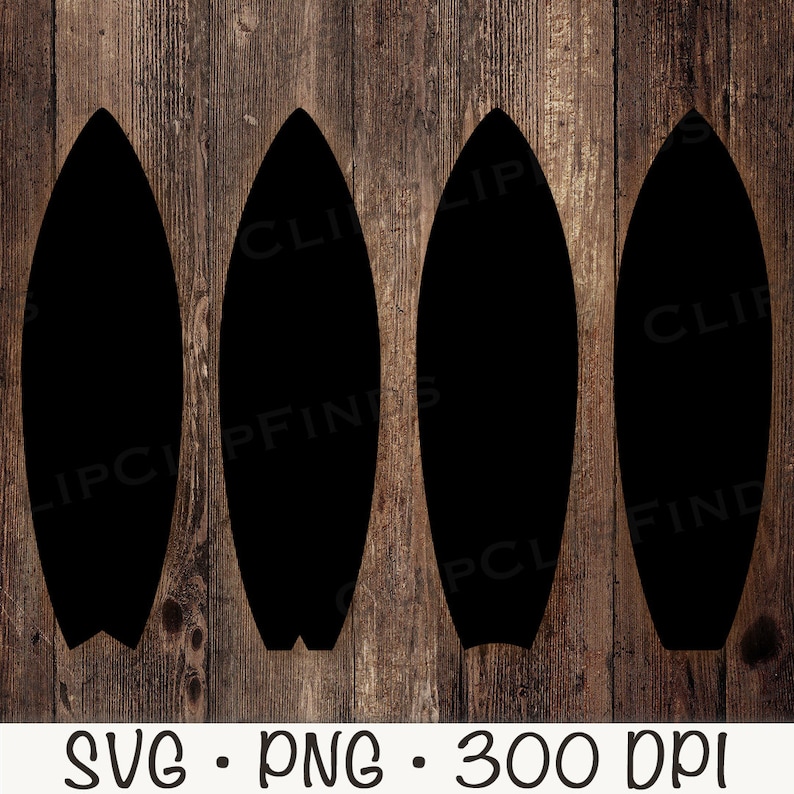 May include: Four black surfboard silhouettes on a woodgrain background.