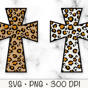 May include: Two black outlined crosses with a leopard print pattern. The cross on the left has a brown background with orange spots. The cross on the right has a white background with orange spots.  SVG. PNG. 300 DPI.